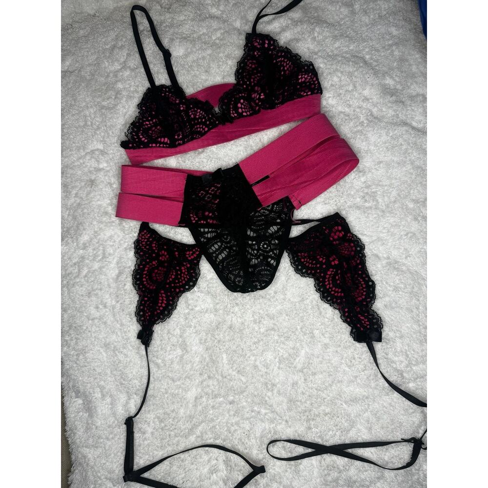 Hot Pink & Black Lace 3-Piece Garter Lingerie Set